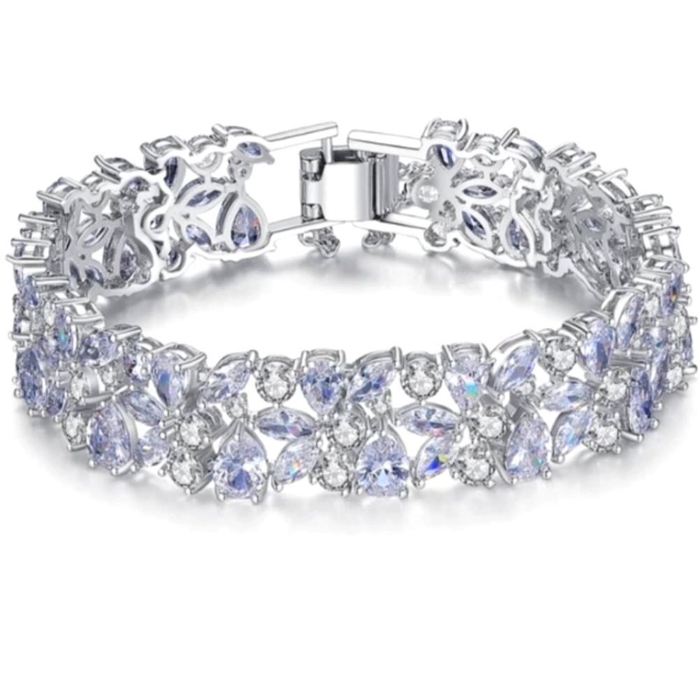 Rhodium Plated Floral Crystal Tennis Bracelet Silver Double Row Sparkle - Picture 4 of 6